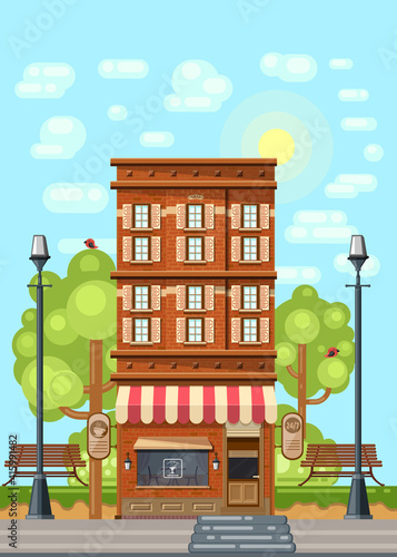 Vintage style high-rise building with a cafe on the ground floor. City landscape. A stretch of street on a bright summer day. Vector illustration