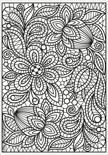 Vector coloring book for adults embroidery lace. Flowers and leaves on an openwork grid. Decor for wedding, postcards, stained glass, laser cutting. Black and white image on a white background