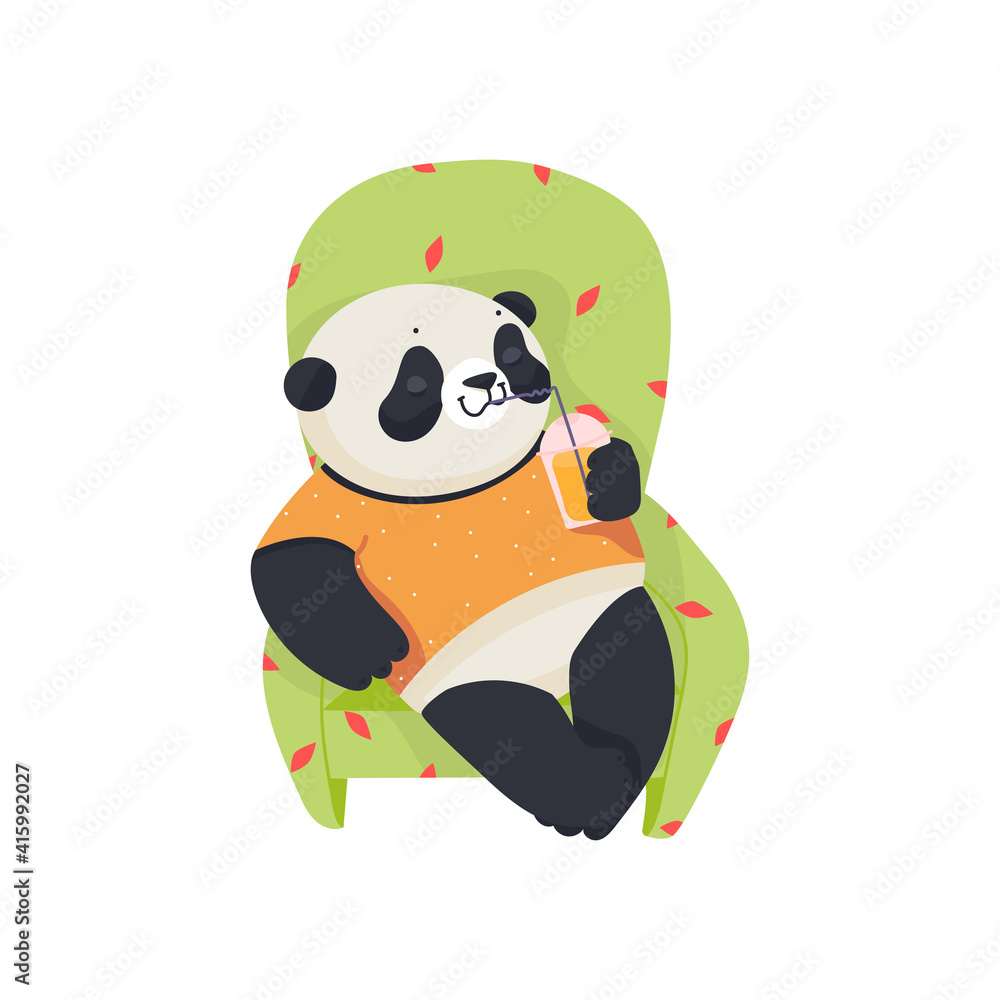 Fototapeta premium Funny panda is drinking a juise. Flat vector illustration.