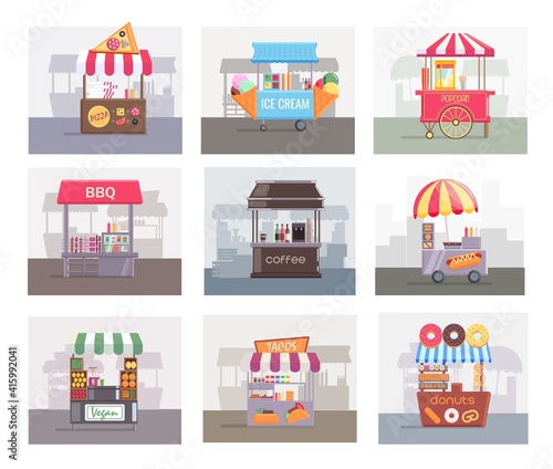 Local stall market selling different food and drink set. Retail fair tent stand, booth cart counter storefront offering ice cream, barbecue grill vector illustration isolated on white background