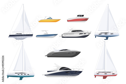 Speed motor boat, sail-boat and luxury yacht nautical vessel. Cruise sailboat, surfing and yachting vessel, motorboat for water sport set vector illustration isolated on white background