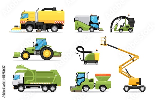 City cleaning machine technical truck and emergency car set. Tractor, sweeper and washer municipal machinery for street cleanup and sanitation vector illustration isolated on white background