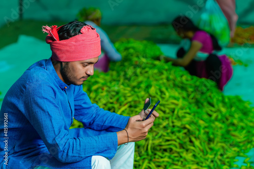 Young indian farmer using smartphone and card at green chilly field