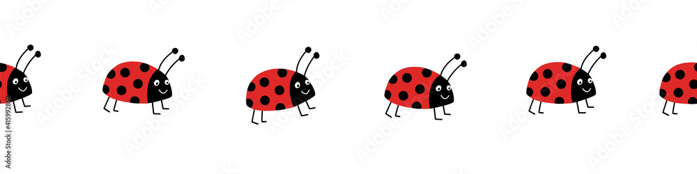 Seamless ladybug vector border. Flat red Ladybugs on white horizontal repeating pattern. Cute summer bug animal kids background design for print, kids decor, fabric trim, kids fashion, footer, divider Seamless ladybug vector border. Flat red Ladybugs on white horizontal repeating pattern. Cute summer bug animal kids background design for print, kids decor, fabric trim, kids fashion, footer, divider