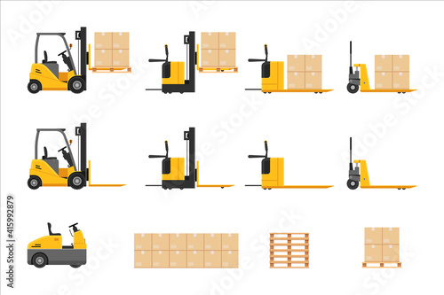 Forklift at work set with parcel stacking cardboard box rack depot and warehouse storage, merchandise, shipment and logistic management vector illustration isolated on white background