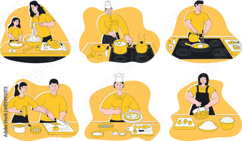 Happy people in uniform cooking dinner on home kitchen set. Couple, mother and daughter, chef and maid prepare food snack standing at tabletop scene vector illustration isolated on white background