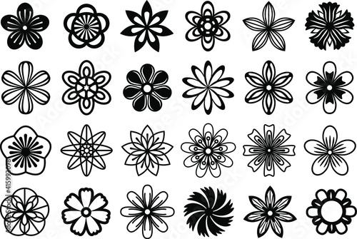 Vector floral set. Collection of black flat floral illustrations. Abstract stylizet cut out flowers. Comfortable for cut and silhouette crafts