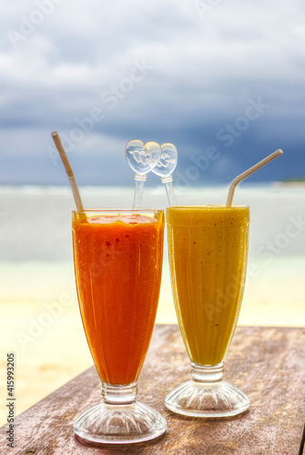 An exotic drink on the beach. Tonic dessert from the beach bar.