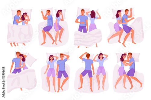 Peaceful couple lover together sleeping position in bed set. Asleep married man woman  wife and husband napping rest different pose vector illustration isolated on white background