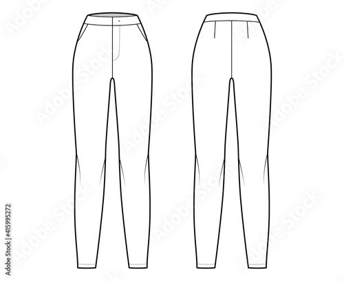 Pants flat front technical fashion illustration with normal waist, high rise, full length, slant slashed pockets. Flat bottom trousers apparel template back, white color. Women men unisex CAD mockup