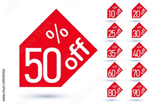Red retail and shopping sale and percentage tag set. Shopping information sticker label for online shop or store, retail discount with different offer vector illustration isolated on white background