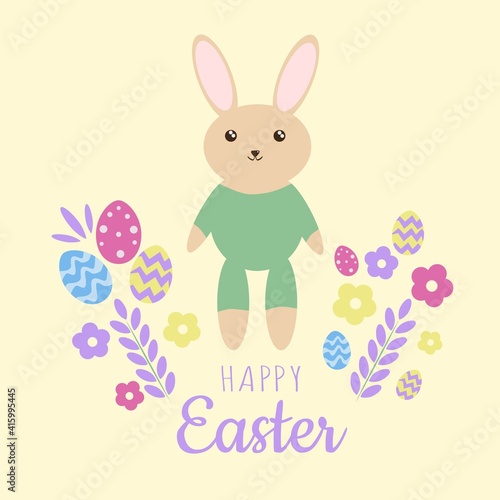 Happy Easter Bunny flat illustration with flowers
