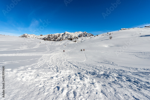 Mountain range of the Monte Carega in winter with snow, called the small Dolomites and the Altopiano della Lessinia (Lessinia High Plateau). Veneto and Trentino Alto Adige, Italy, Europe. © Alberto Masnovo