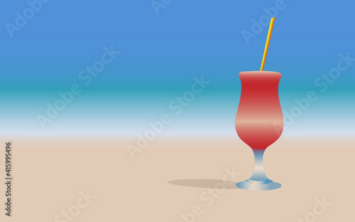 vector illustration summer mood image glass goblet with cocktail and straw standing in the sand by the sea
