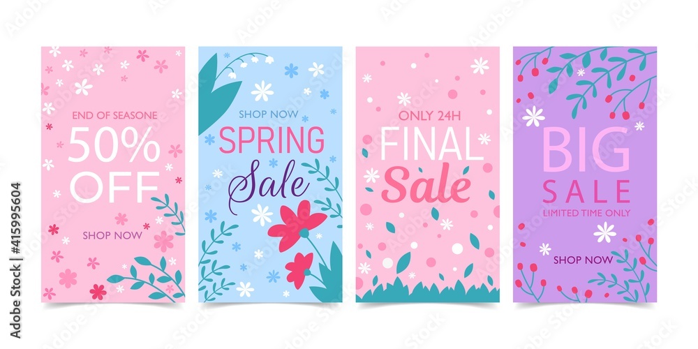 Spring sale flyer brochure advert invitation for shopping. Layout with special limited time seasonal offer presentation, shop and store wholesale set vector illustration isolated on white background