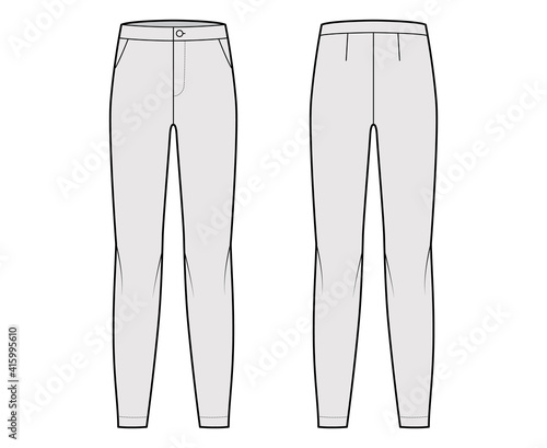 Pants flat front technical fashion illustration with low waist, rise, full length, slant slashed pockets. Flat casual bottom trousers apparel template back grey color. Women men unisex CAD mockup