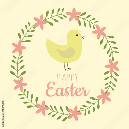 Happy Easter yellow chick vector illustration with floral circle frame