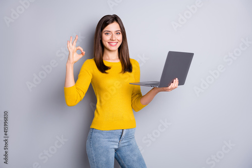 Canvas Print Portrait of pretty cheerful girl holding in hands using laptop showing ok-sign a