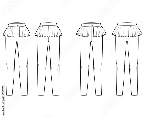 Set of Pants peplum technical fashion illustration with extended normal low waist, high rise, full length, frilled skirt. Flat bottom trousers apparel template front back white color. Women CAD mockup