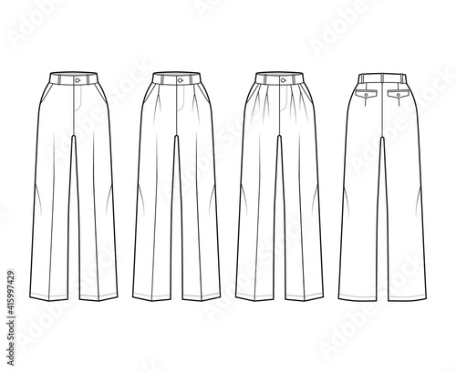 Set of Pants tailored technical fashion illustration with normal waist, rise, full length, single double pleat, belt loops. Flat apparel template front, back, white color. Women men unisex CAD mockup