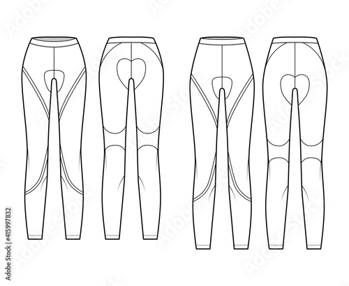 Set of Cycling pants Leggings pants technical fashion illustration with normal low waist, high rise, full length. Flat sport knit apparel template front, back, white color. Women men unisex CAD mockup