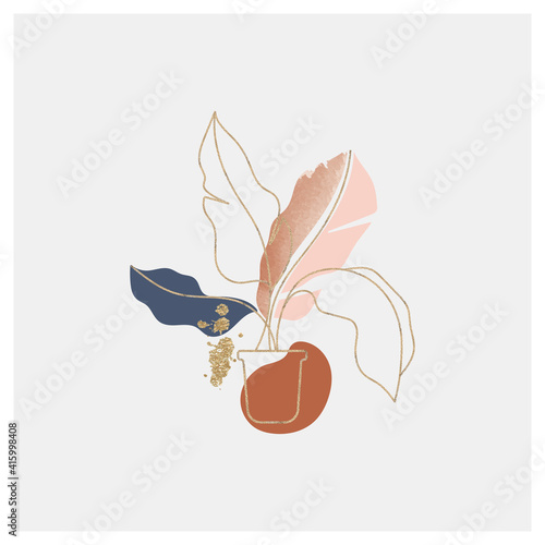 minimal background in pink  and  blue tropical summer leaf and fruit