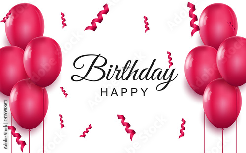 Happy birthday elegant greeting card. Pink air balloons and falling confetti on white background. Holiday congratulation vector illustration. Art realism, beautiful banner with realistic 3d elements.
