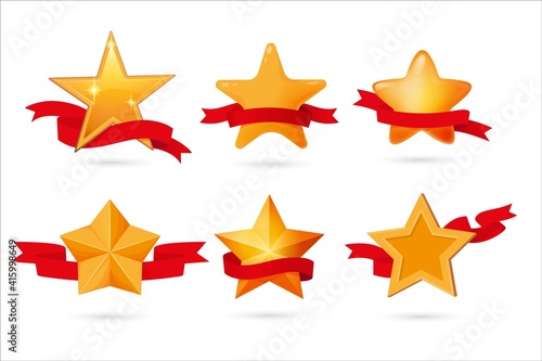 Gold star with award ribbon classic emblem design set. Certificate insignia mark, winner medal prize, advantage approval warranty, competition reward vector illustration isolated on white background