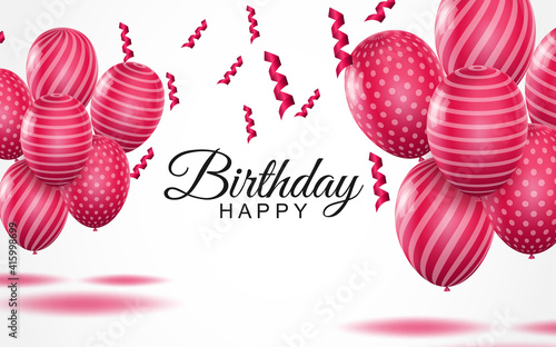 Happy birthday greeting card. Striped pink air balloons and falling confetti on white background. Holiday congratulation vector illustration. Art realism, romantic banner with realistic 3d elements.