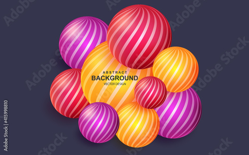 Colorful abstract background with realistic 3d balls. Bright geometric composition with striped spheres and copy space for text. Modern cover design vector illustration. Art realism, dynamic banner.