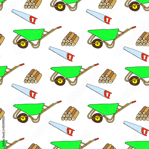 Bright seamless illustration with garden tools on a white background.