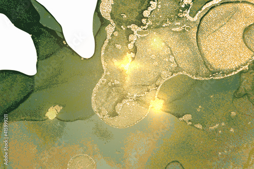 Green geode or marble pattern with golden dust. Abstract vector background in alcohol ink technique. Modern paint with glitter. Template for banner, poster design. Fluid art painting