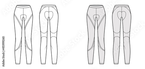 Cycling pants Leggings technical fashion illustration with low waist, rise, full length. Flat sport training, casual knit trousers apparel template front, back, white grey color. Women men CAD mockup