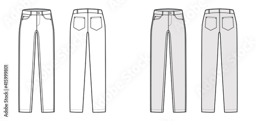 Skinny Jeans Denim pants technical fashion illustration with full length, low waist, curved, coin, angled 5 pockets, Rivets. Flat template front, back, white grey color style. Women, men CAD mockup