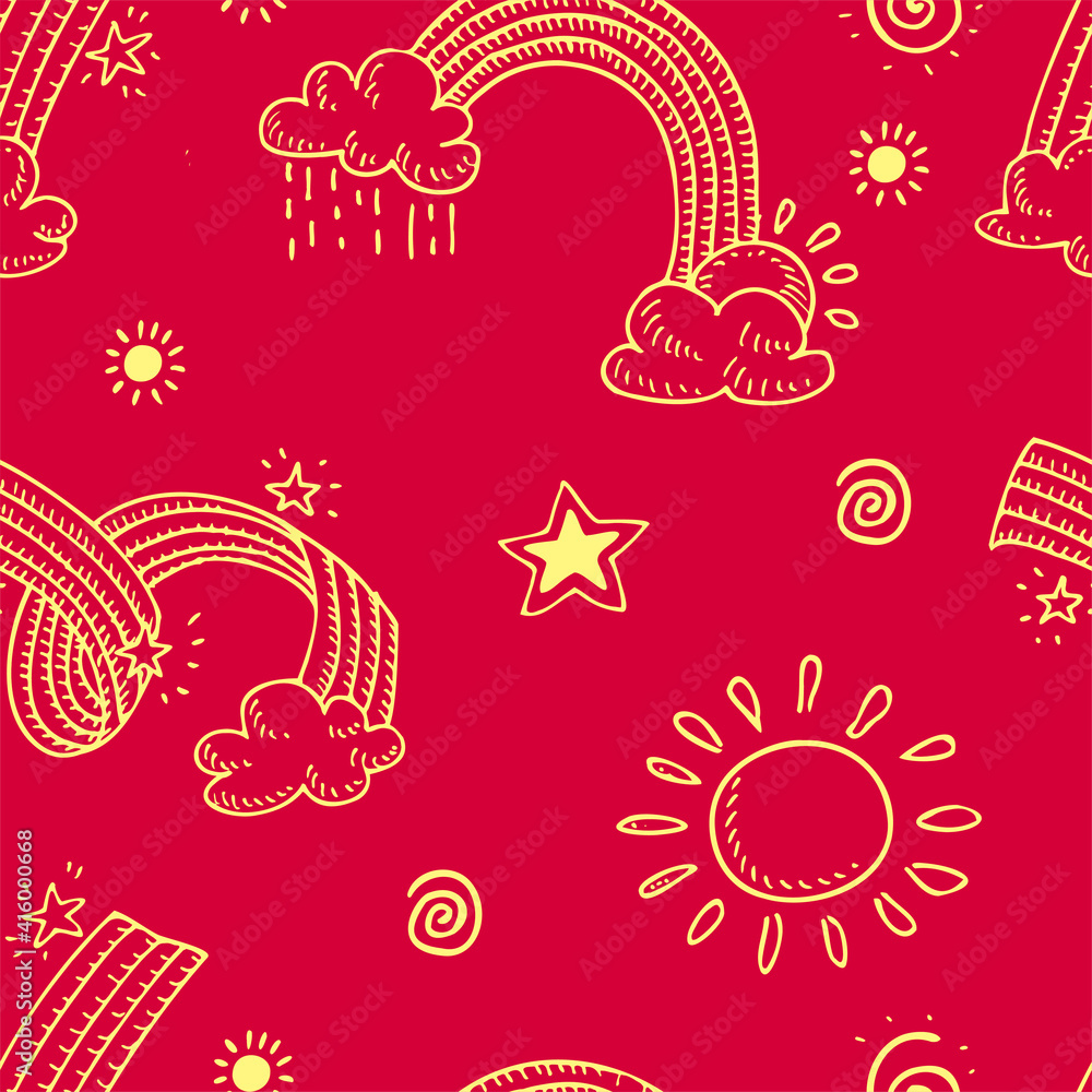 Seamless pattern with rainbow, clouds and sun. Simple color vector illustration.