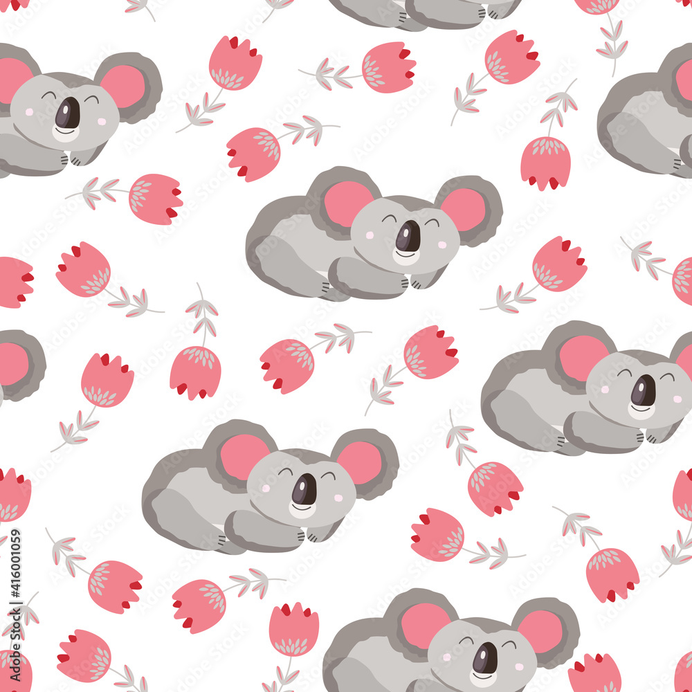 Seamless pattern with cute koala baby and flowers on light background. Funny australian animals. Card, postcards for kids. Flat vector illustration for fabric, textile, wallpaper, poster, paper.