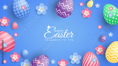 Easter poster and banner template with Easter eggs on blue background. Greetings and presents for Easter Day in flat lay styling.Promotion and shopping template for Easter