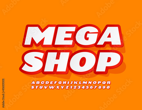 Vector promo banner Mega Shop. Modern sticker Font. Bright Alphabet Letters and Numbers set