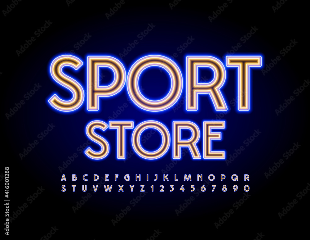Vector bright Sign Sport Store with trendy Uppercase Font. Neon glowing Alphabet. Illuminated Letters and Numbers set