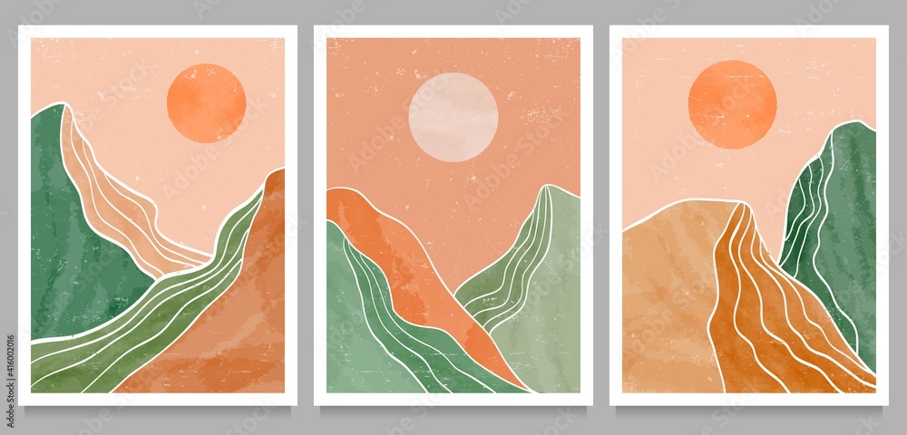 Abstract mountain landscape background. creative minimalist hand painted illustrations of Mid century modern art print. forest, hill and moon on set