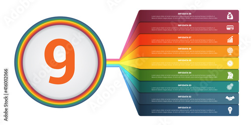 Template Infographics 9 positions. Colourful numbered strips with prospect. Infographic.