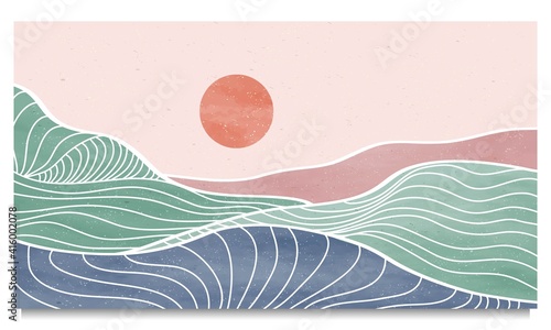 set of creative minimalist modern line art print. Abstract ocean wave contemporary aesthetic backgrounds landscapes. with sea, mountain, skyline, wave. vector illustrations