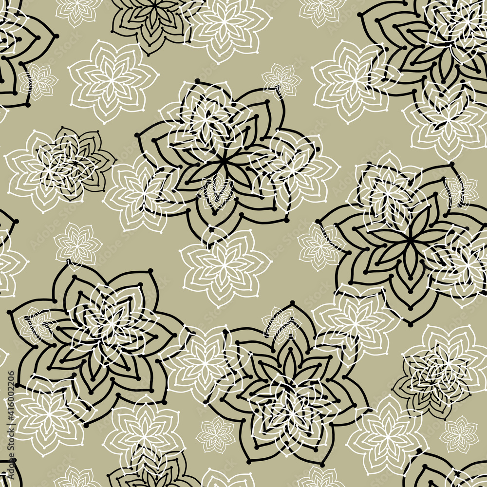Fototapeta premium Seamless repeat pattern with white and black flowers on gray background.Used for drawn fabric, gift wrap, wall art design.