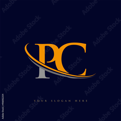 initial letter PC logotype company name yellow and grey swoosh design. isolated on dark background.