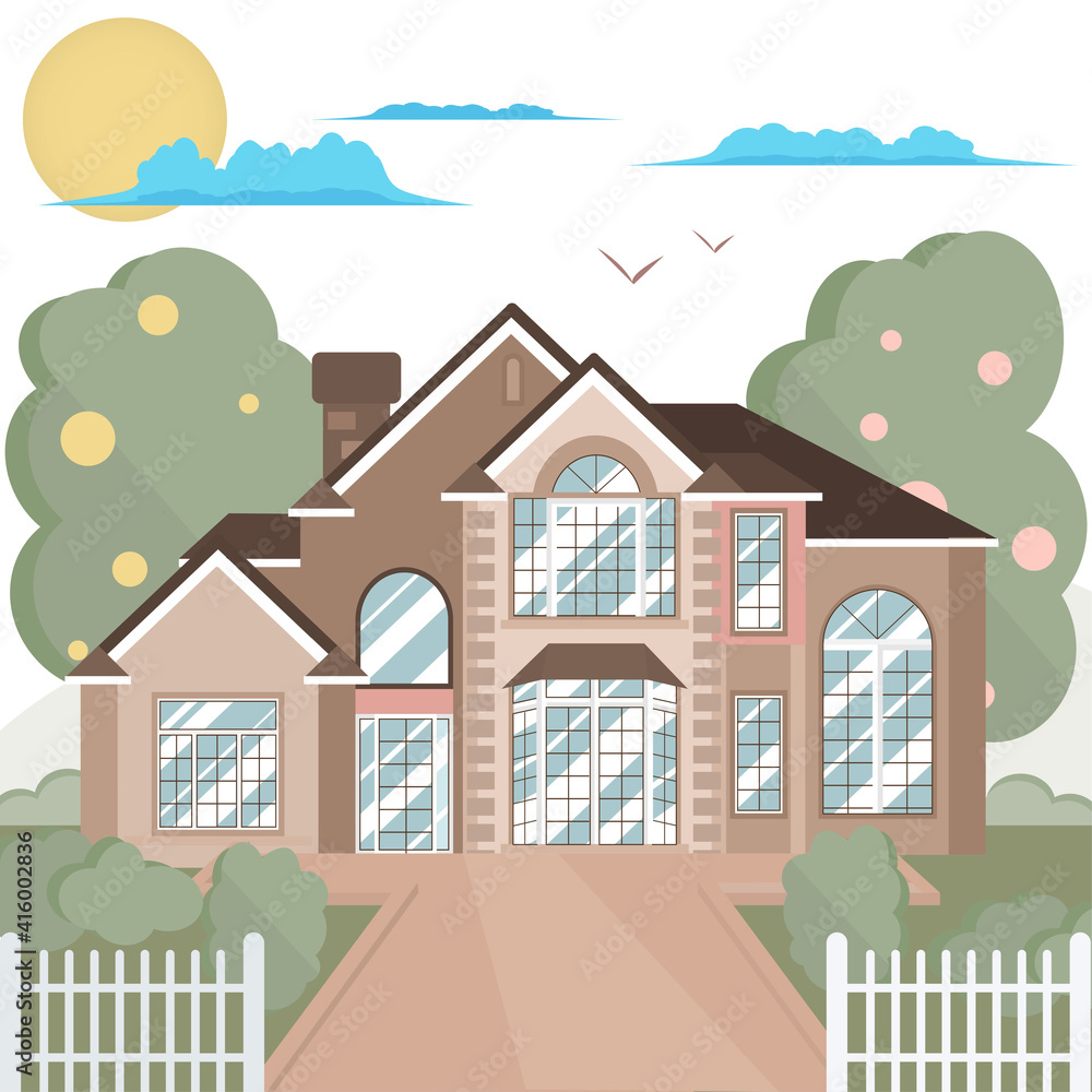Country house with nature. Farm in the countryside. Cottage among the trees. Cartoon vector illustration. Made in flat strength. Country house with nature. Farm in the countryside. Cottage among the trees. Cartoon vector illustration. Made in flat strength.