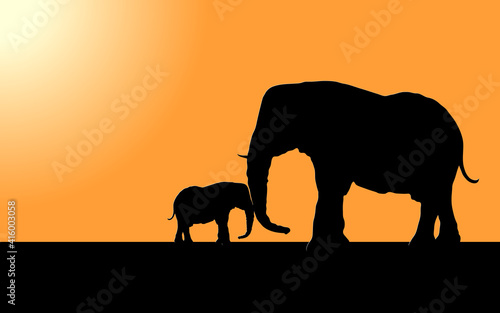 vector illustration of a black silhouette of a large elephant with a baby elephant are touching their trunks against the background of the hot African sun