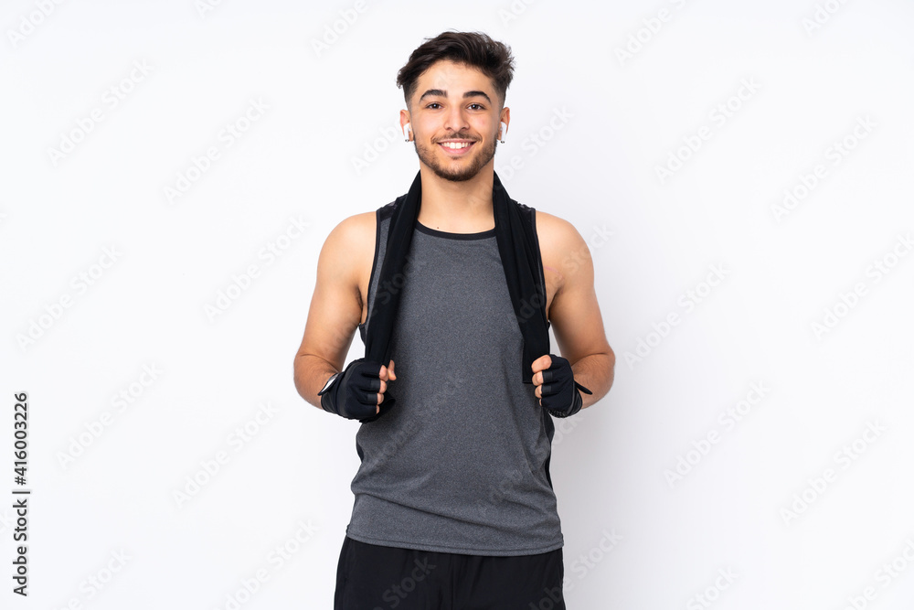 Sport Arabian man isolated on white background with sport towel Sport Arabian man isolated on white background with sport towel