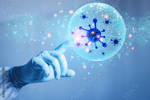 фотографія Doctor professional scientist Hand with anti-virus gloves points to the graphic, technology, mark, medical protection