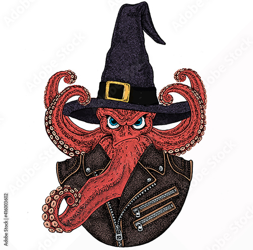 Octopus vector portrait. Sea marine creature, beast. Animal and wizard hat. Sorcerer and magican photo