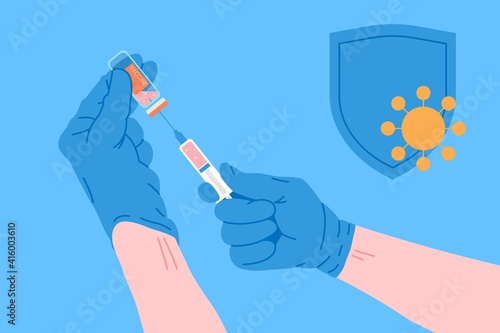 Vaccination concept for immunity health. Vaccine anti Covid-19. Doctors makes an injection of anti virus vaccine to pacient in hospital. Healthcare, coronavirus, prevention and immunize.